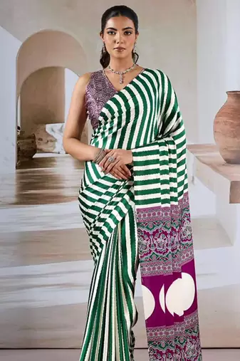 Green & white printed modal satin saree