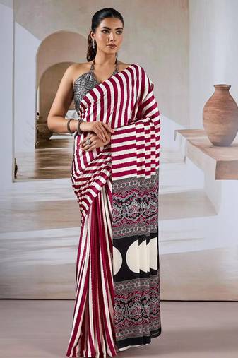 Maroon & white printed modal satin saree