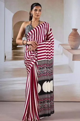 Maroon & white printed modal satin saree
