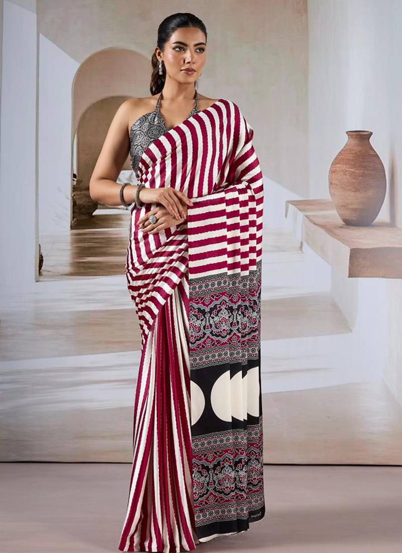 Maroon & white printed modal satin saree