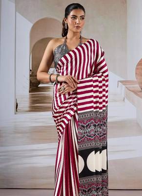 Maroon & white printed modal satin saree 2