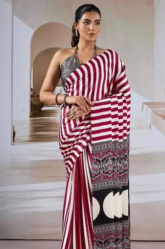 Maroon & white printed modal satin saree