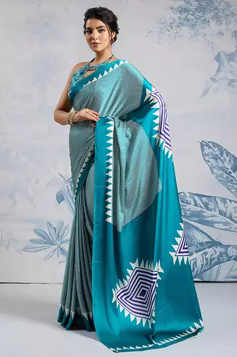 Aqua blue printed satin saree