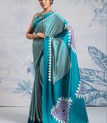 Aqua blue printed satin saree