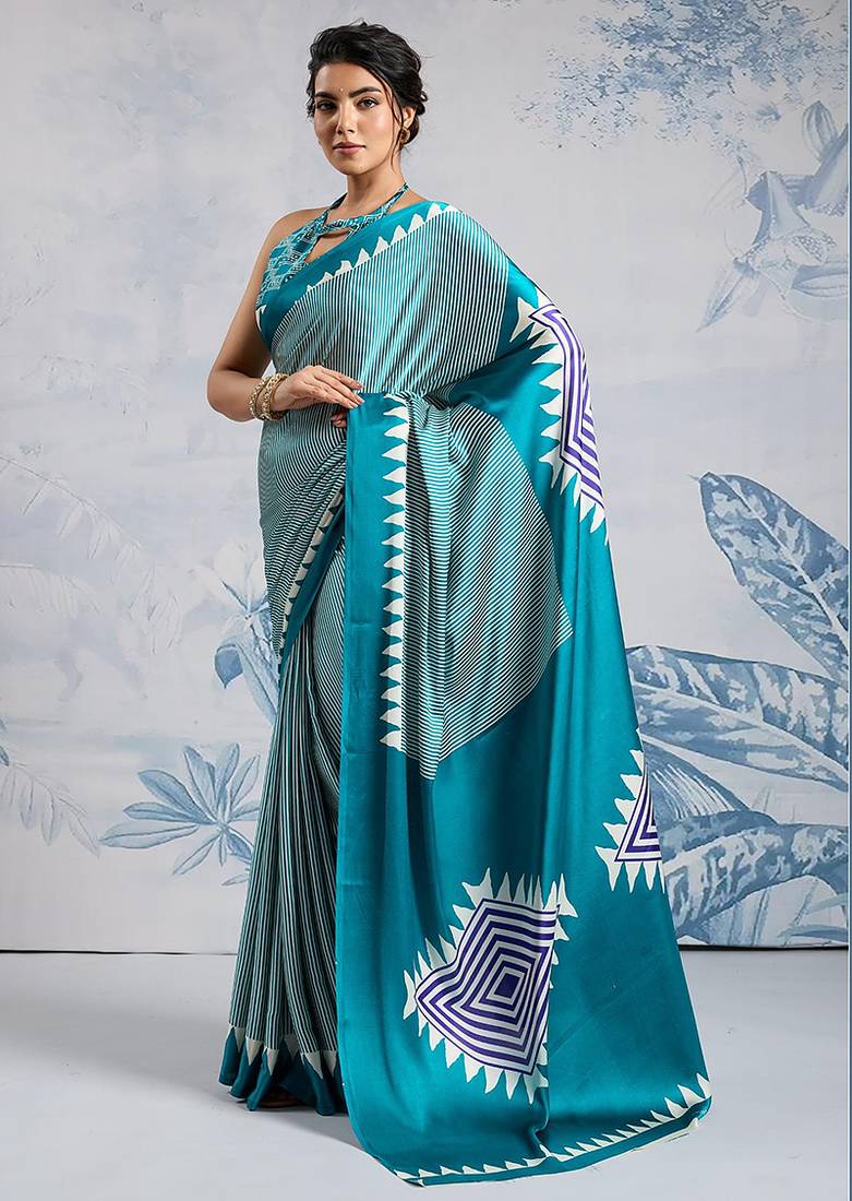 Aqua blue printed satin saree