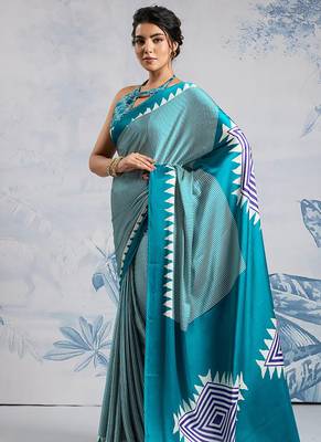 Aqua blue printed satin saree 2