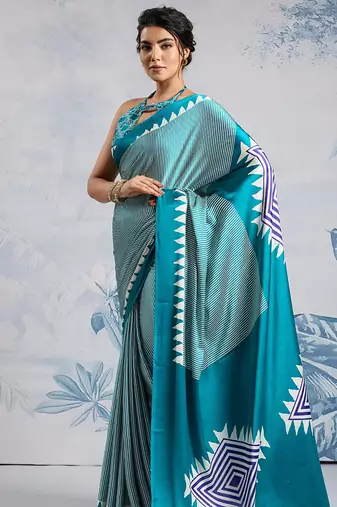 Aqua blue printed satin saree
