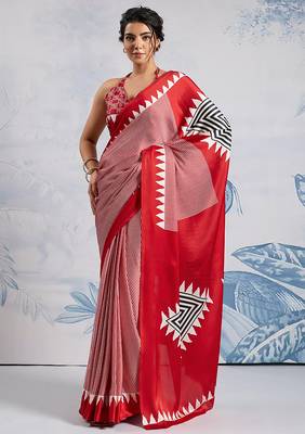 Red printed satin saree 1