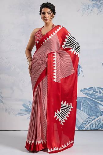 Red printed satin saree