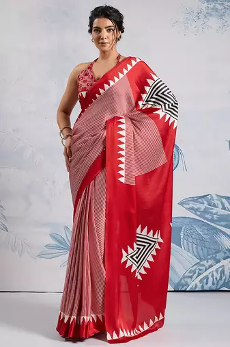 Red printed satin saree