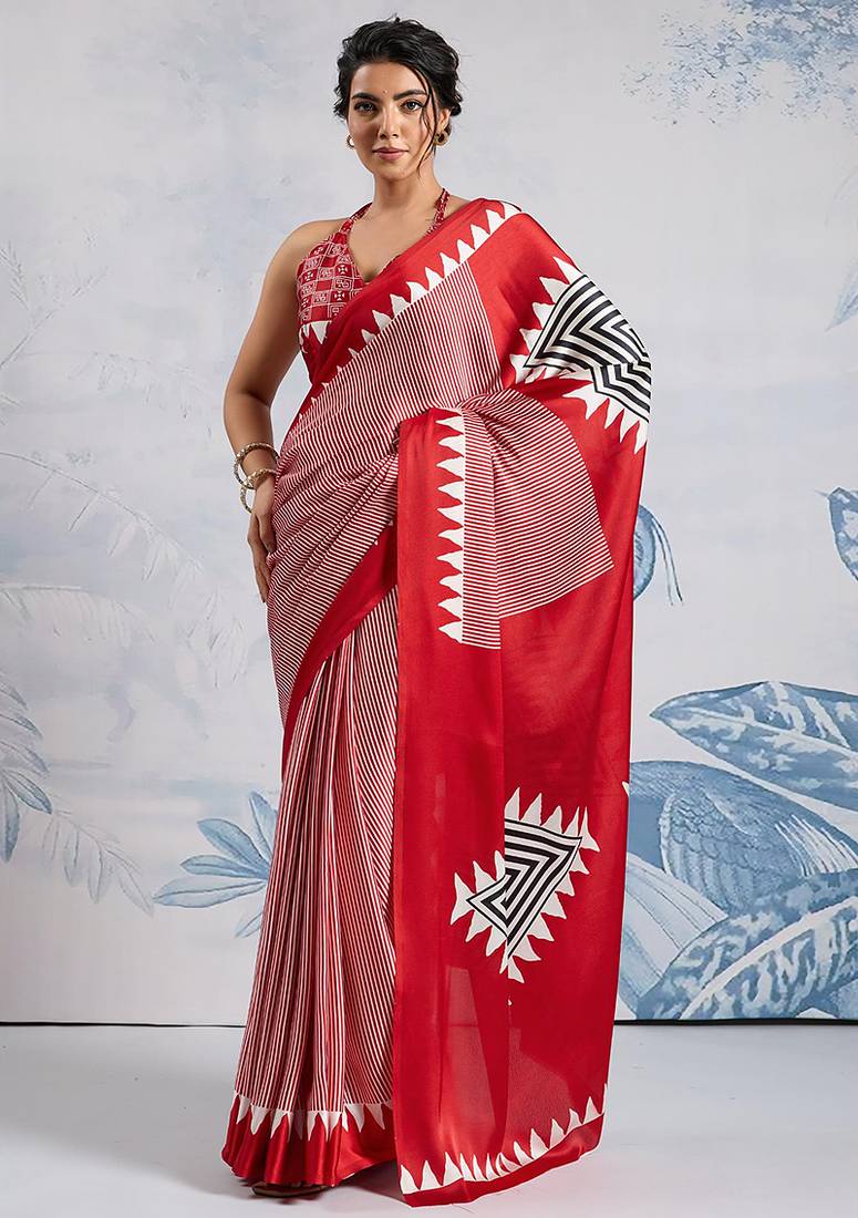 Red printed satin saree