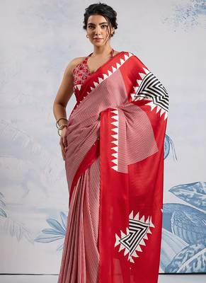 Red printed satin saree 2