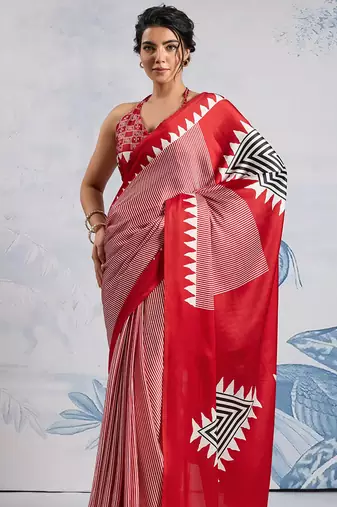 Red printed satin saree