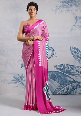Hot pink printed satin saree 1
