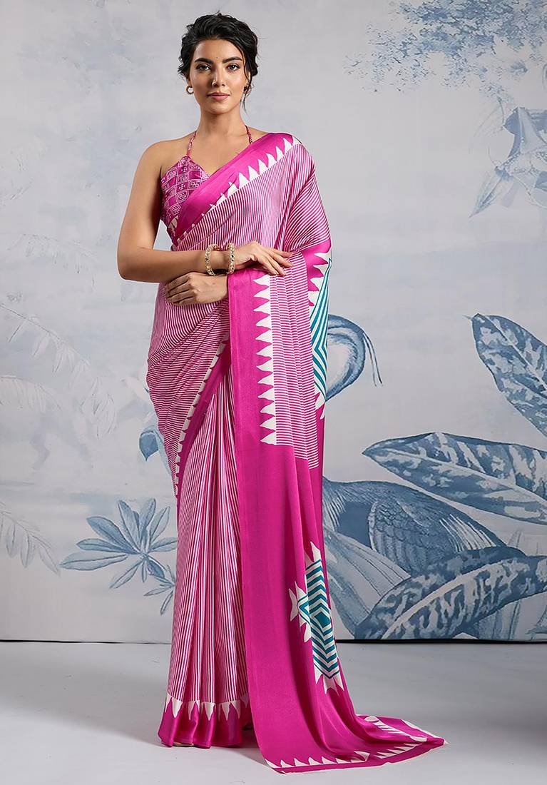 Hot pink printed satin saree