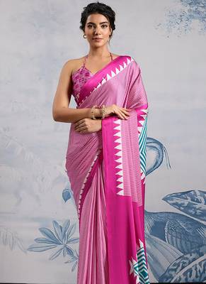 Hot pink printed satin saree 2