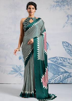 Dark green printed satin saree 1