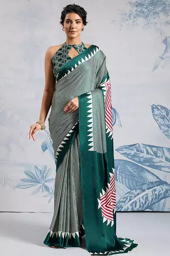Dark green printed satin saree