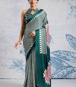 Dark green printed satin saree