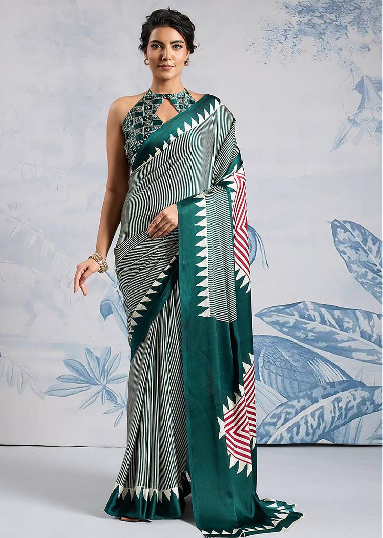Dark green printed satin saree