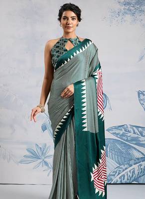 Dark green printed satin saree 2