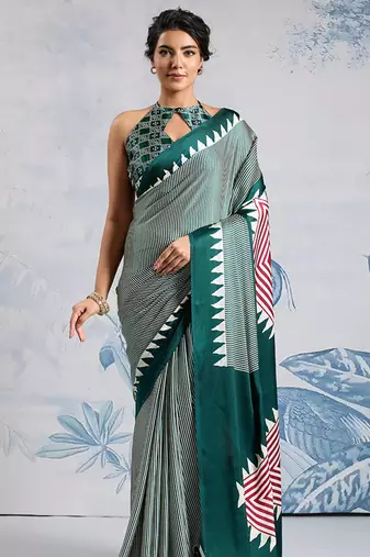 Dark green printed satin saree