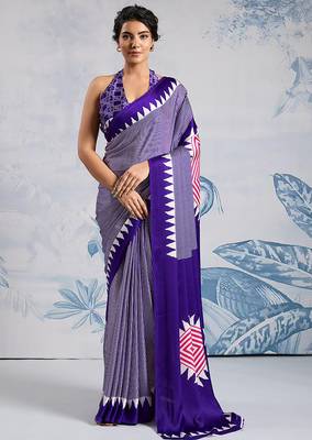 Violet printed satin saree 1