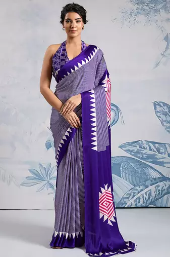 Violet printed satin saree