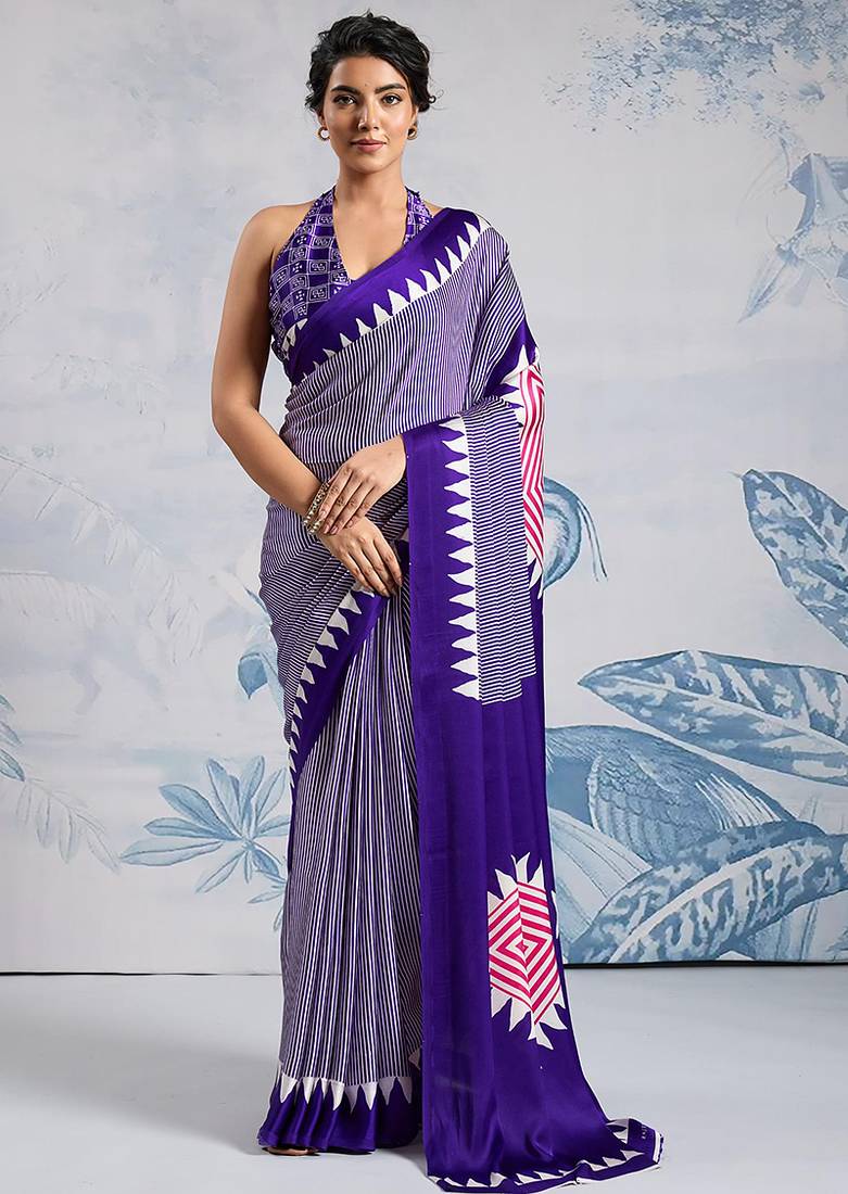 Violet printed satin saree