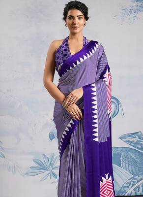Violet printed satin saree 2