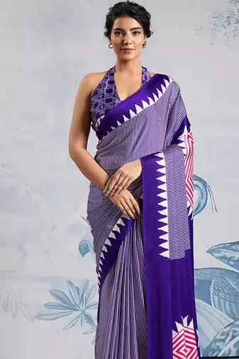 Violet printed satin saree