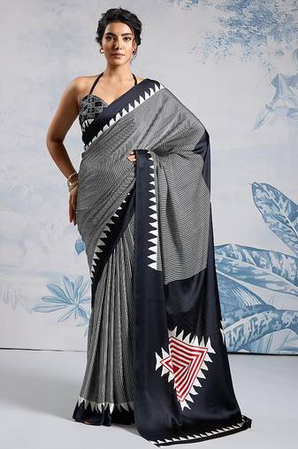 Black printed satin saree