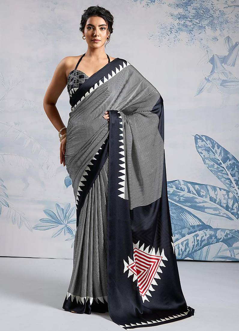 Black printed satin saree
