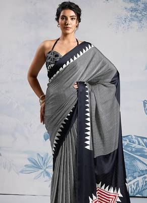 Black printed satin saree 2
