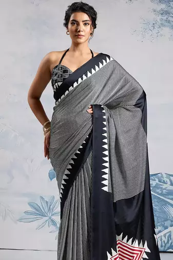 Black printed satin saree
