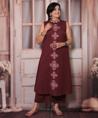 maroon embroidery cotton sleeveless kurti set 1