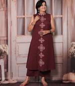 Maroon Sleeveless Cotton Kurti Set with Embroidery