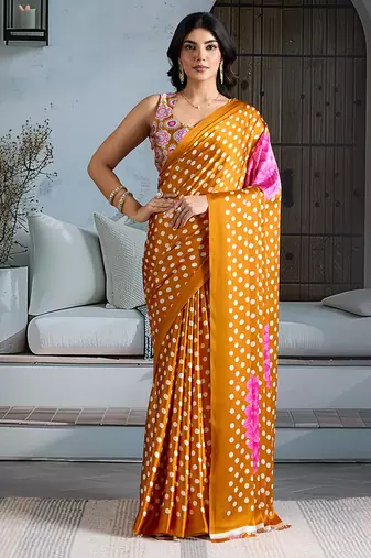Mustard satin printed saree