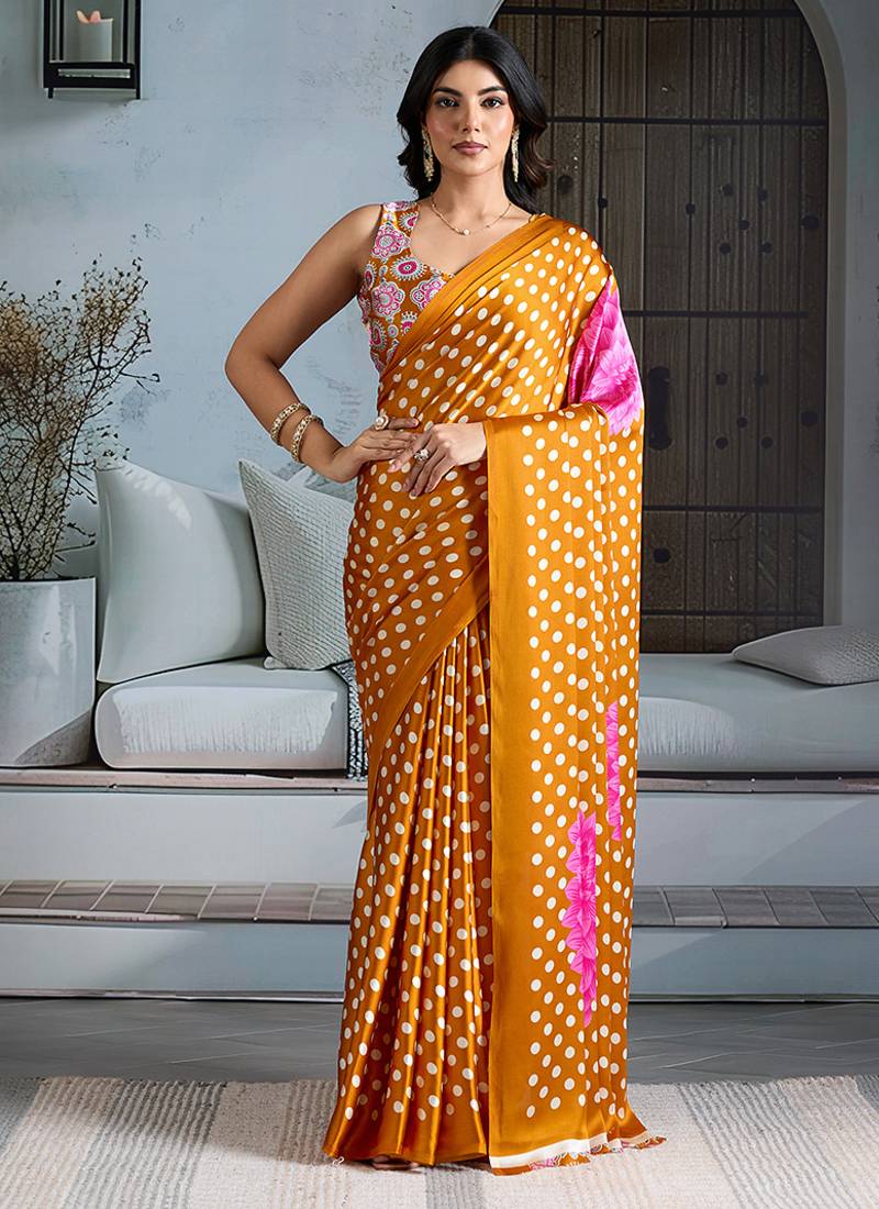 Mustard satin printed saree