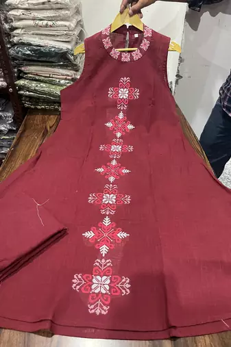 maroon embroidery cotton sleeveless kurti set