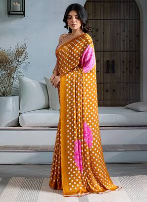 Mustard satin printed saree 2