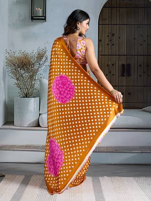 Mustard satin printed saree 3