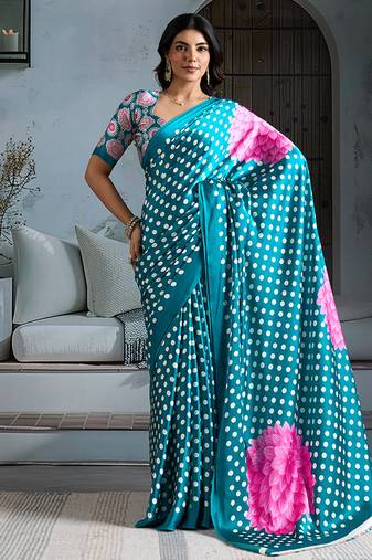 Turquoise satin printed saree