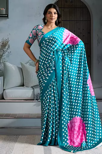 Turquoise satin printed saree