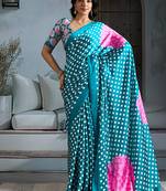 Turquoise satin printed saree