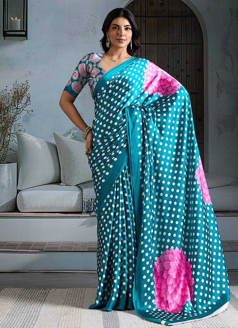 Turquoise satin printed saree