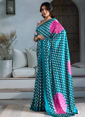 Turquoise satin printed saree 2