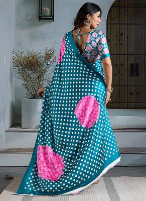 Turquoise satin printed saree 3