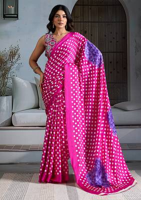 Rani pink satin printed saree 1