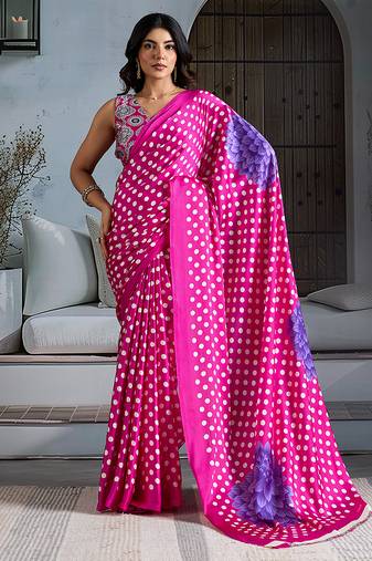 Rani pink satin printed saree